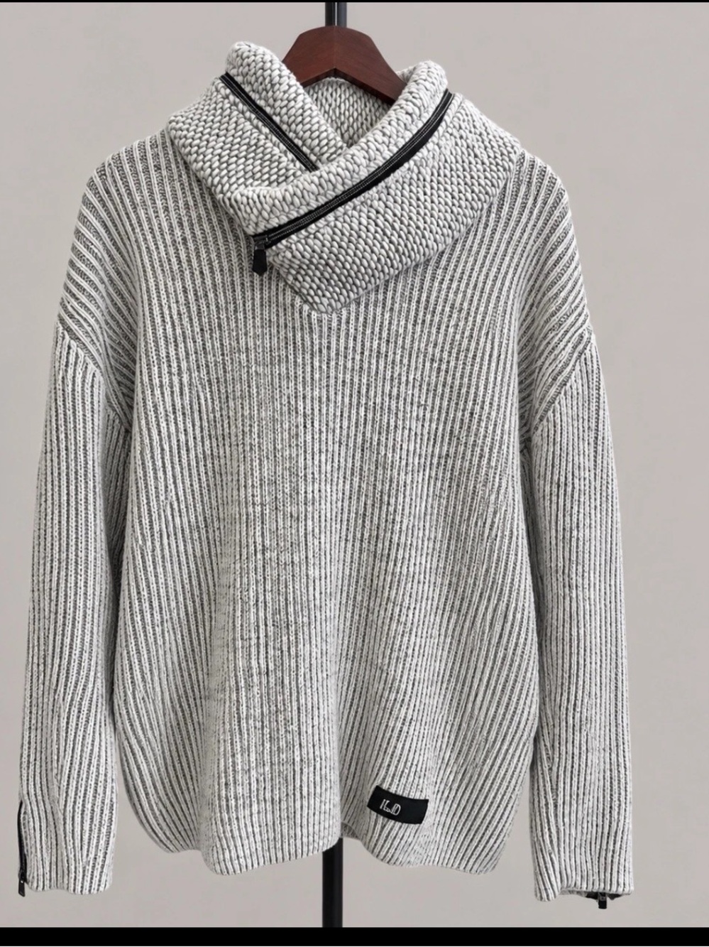 Leif Nelson Knit Sweater Mens L Gray Asymmetrical Zip Funnel Neck Fall Winter